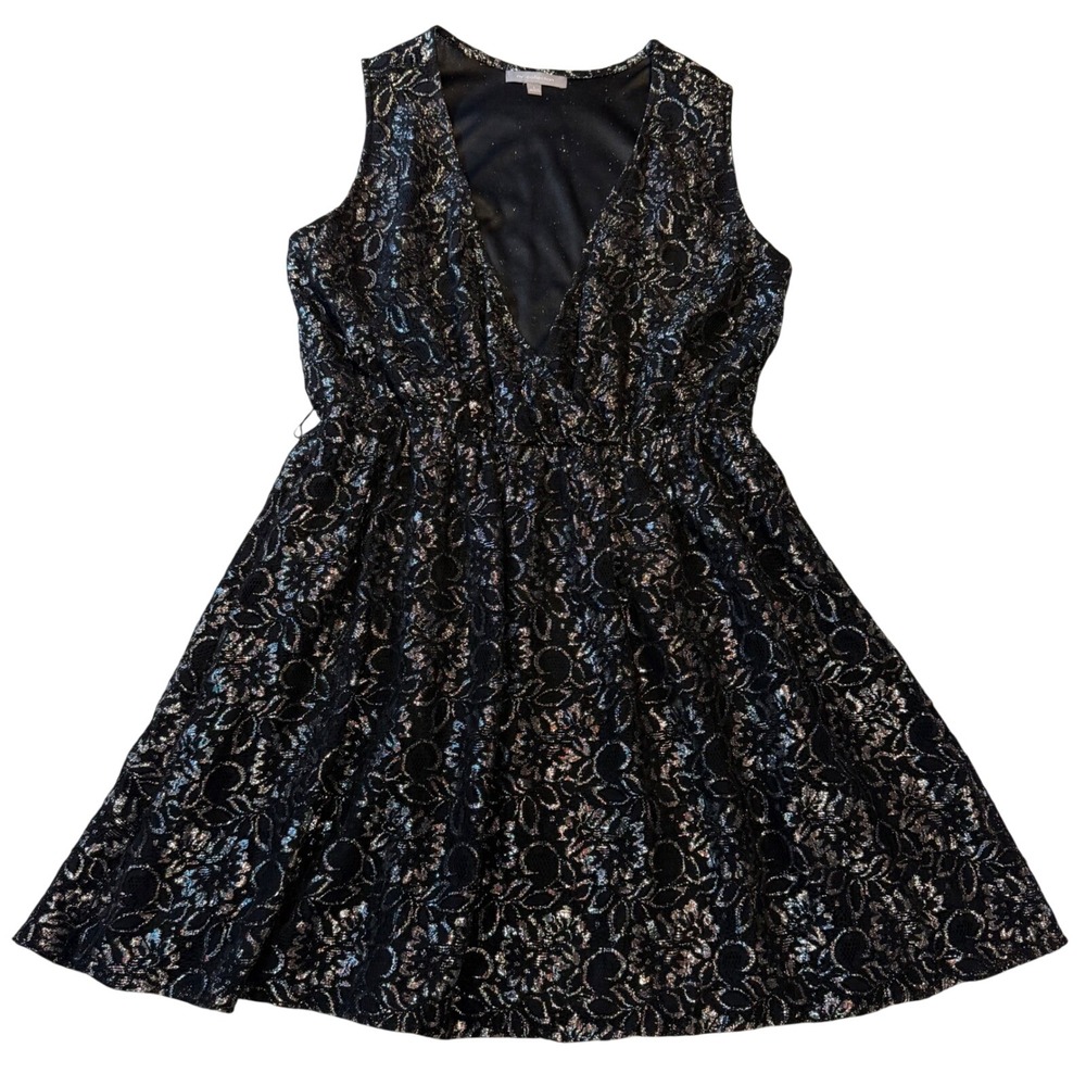 Whimsygoth‎ Womens Black Silver Metallic Floral Lace HOCO Dress L metallic Dark